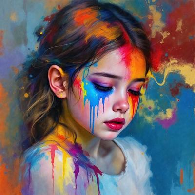 The primary subject of the image is a young girl with colorful paint on her face. She is looking down, possibly at the ground or her hands. The setting is a colorful background, which adds to the vibrant atmosphere of the scene. The visual style of the image is a combination of photo and digital art, creating a unique and artistic representation of the girl. The colors and mood of the image are lively and energetic, with the bright colors of the paint and the girl's expression contributing to the